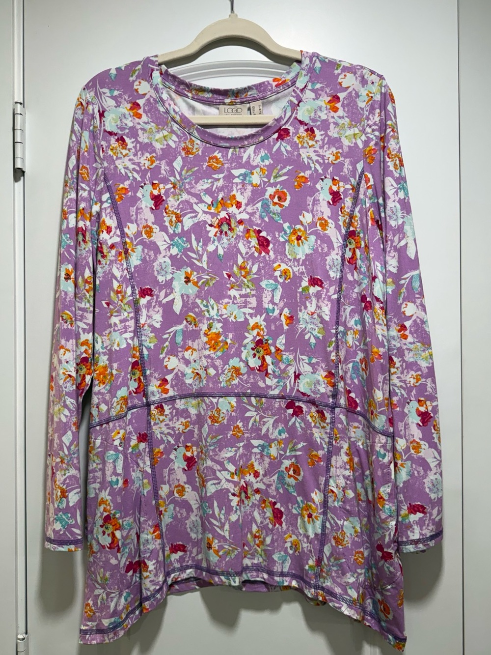 LOGO Lori Goldstein  Lavender Floral Tunic with Pastel Blooms